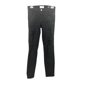 Frame Denim Women's Jet Black Skinny Jeans very distressed front
